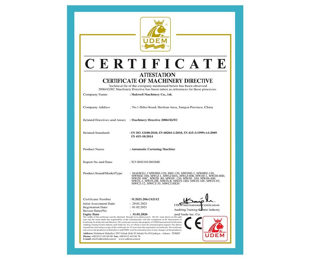 Certificado de Máquina de Embalaje Automática